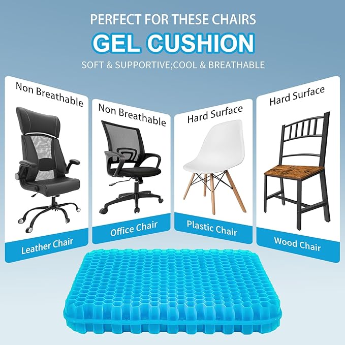 Gel Seat Cushion for Long Sitting - 16.5" x 14.5" x 2.4" (Extra Thick＆Soft) Gel Cushion for People Over 185 lbs, Pressure Relief Cushion for Office Chair, Egg Cushions for Wheelchair, Gel Pad for Car