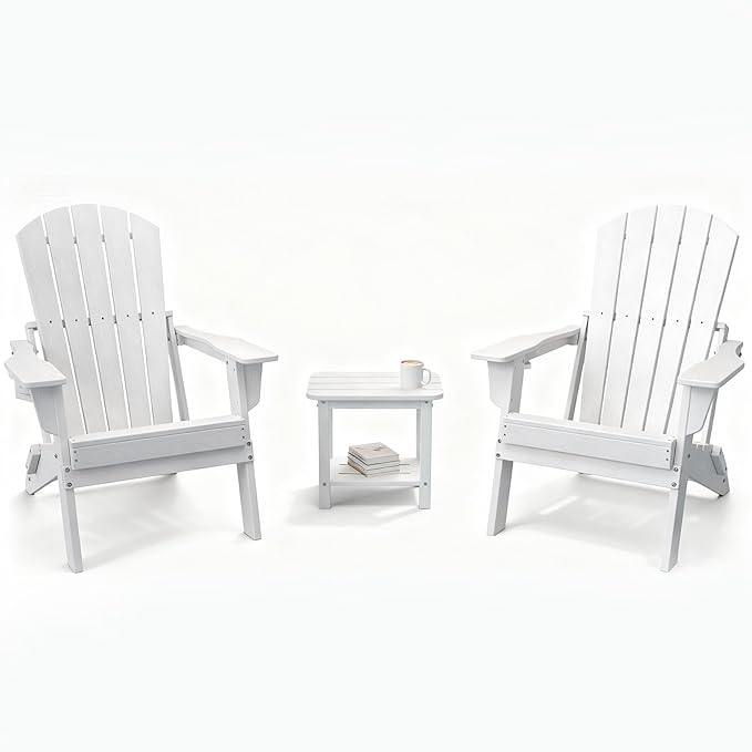 3-Piece Folding Adirondack Chair Set - 38" Extra Tall Back & Embossed Wood Grain, Oversized HDPE Patio Furniture with Side Table & Cup Holders, 380lb Heavy Duty, White