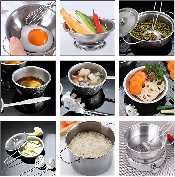 Kids Kitchen Pretend Play Toys, Cooking Toys Play Pots and Pans Set for Kids, 21pcs Small Stainless Steel Kitchen Cookware Kits Toys, Cookware Playset for Girls, Boys