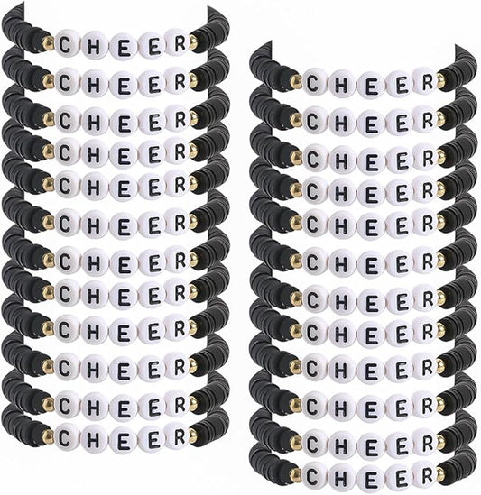 24 Pcs Cheerleader Gifts for Girls Handmade Friendship Bracelets for Teen Girls Stretch Cheer Bracelets Y2k Cheer Stuff Stackable Clay Bead Bracelets Bulk Teens Birthday Christmas Party Favors