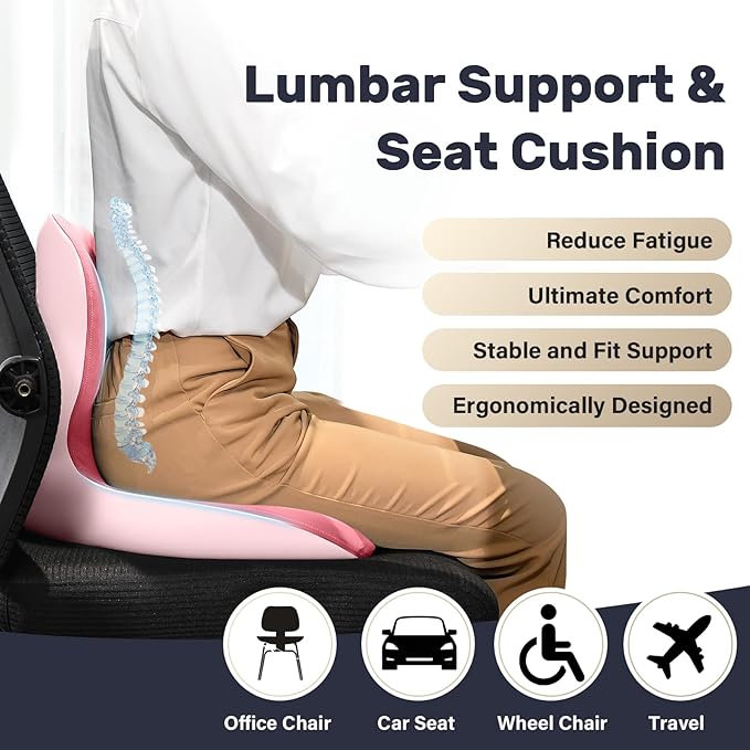 Coverado Car Seat Cushion and Lumbar Support Pillow One Piece, Memory Foam Ergonomic Back Support Driving Seat Cushion for Back Pain, Non-Slip Washable Cushion for Car, Driver, Office