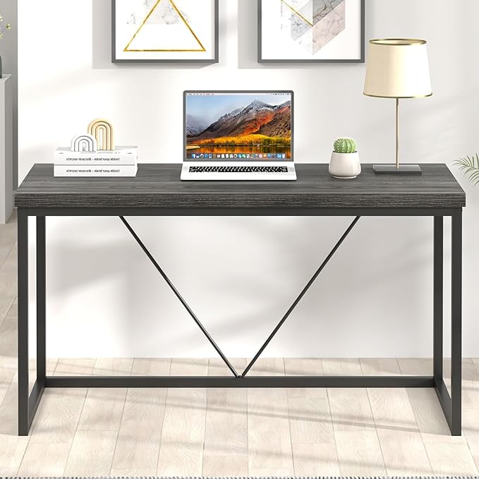 FOLUBAN Home Office Desk, Industrial Vintage Computer Desk, Rustic Wood and Metal Study Writing Table, Simple Work Gaming PC Desks for Bedroom Living Room, Dark Gray 53 Inch