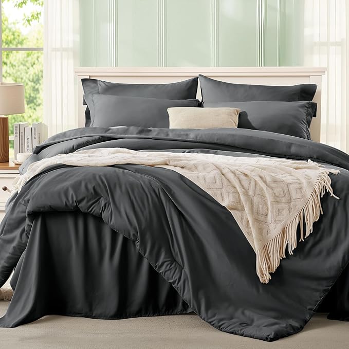 Anluoer Dark Grey Twin Comforter Set 5 Pieces, Bed in a Bag with Sheets, All Season Bedding Sets with 1 Comforter, 1 Pillow Sham, 1 Pillowcase, 1 Flat Sheet, 1 Fitted Sheet