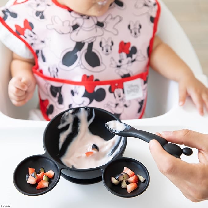Bumkins Disney Baby Bowl, Silicone Feeding Set with Suction for Baby and Toddler, Includes Spoon, First Feeding Set, Essentials for Baby Led Weaning, Babies Eating 4 Months Up, Mickey Mouse Black
