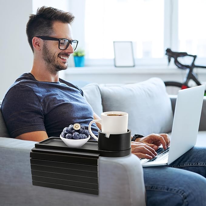 Couch Cup Holder,Bamboo Couch Arm Tray with 360° Rotating Cup Holder,Foldable Anti-Slip Sofa Arm Chair Tray for Eating Snack Drink Side Table