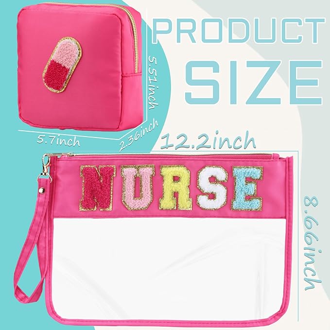 BuyCard 2 Pcs Nurse Gift Clear Makeup Bag Chenille Letter Patch Cosmetic Bag Zipper Pouch Nurse Survival Kit Travel Bag for Toiletries Waterproof Portable Travel Organizer Case for Women Girls
