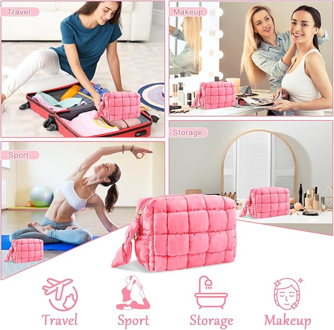Puffer Quilted Makeup Bag Cosmetic Bags,Puffy Travel Toiletry Pouch for Women,Cute Checkered Zipper Bag Travel Essential,Portable Aesthetic Make up Organizer Bag for Gifts Work Daily(Pink,S)