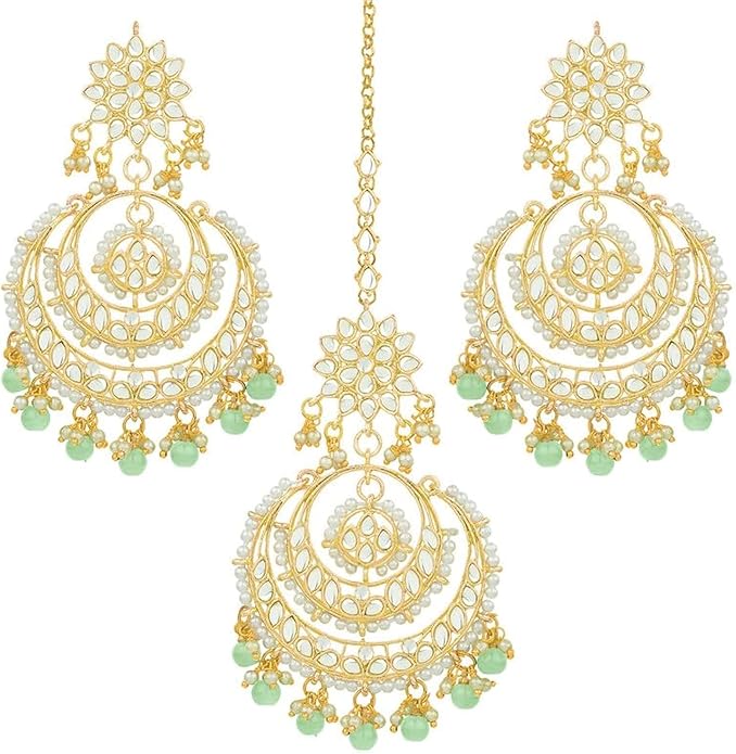 Aheli Bollywood Ethnic Chandbali Style Big Earrings Maang Tikka Set Traditional Fashion Jewelry Gift for Women