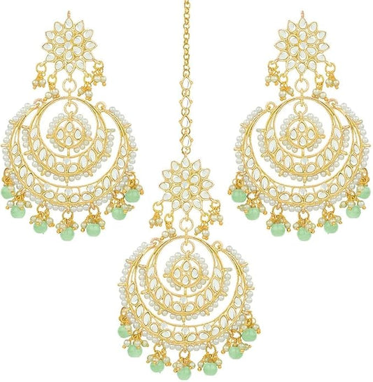 Aheli Bollywood Ethnic Chandbali Style Big Earrings Maang Tikka Set Traditional Fashion Jewelry Gift for Women