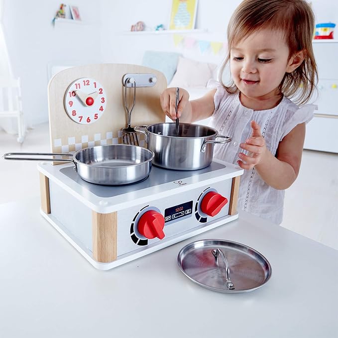 Hape Wooden 2-in-2 Kitchen & Grill Set| Pretend Realistic Role Play Kitchen Toys for Kids
