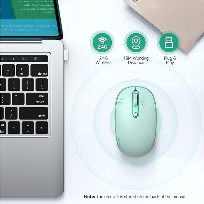 TECKNET Wireless Mouse for Laptop, 2.4G Quiet Computer Mouse with USB Receiver, 4 Buttons Portable Cordless Mice for Chromebook, Laptop, PC, Mac, 800/1200/1600 DPI - Mint Green