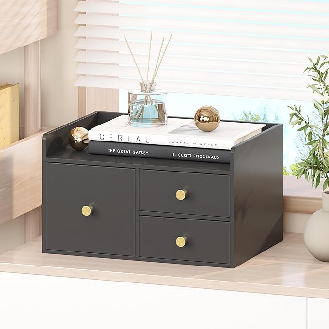 Bamboo Desk Organizer with Drawers Wooden Desktop Storage Drawers for Bills Office Supplies Kitchen Utensils Organizing Tool for Home Classroom Organization No Assembly (3 Drawer, Black)