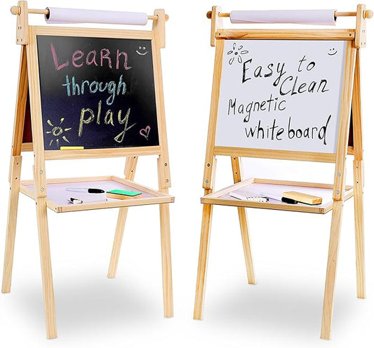 Kraftic Deluxe Standing Art Easel for Kids - Toddler Drawing Chalkboard, Magnetic Whiteboard, Dry Erase Board, Paper Roll and Accessories