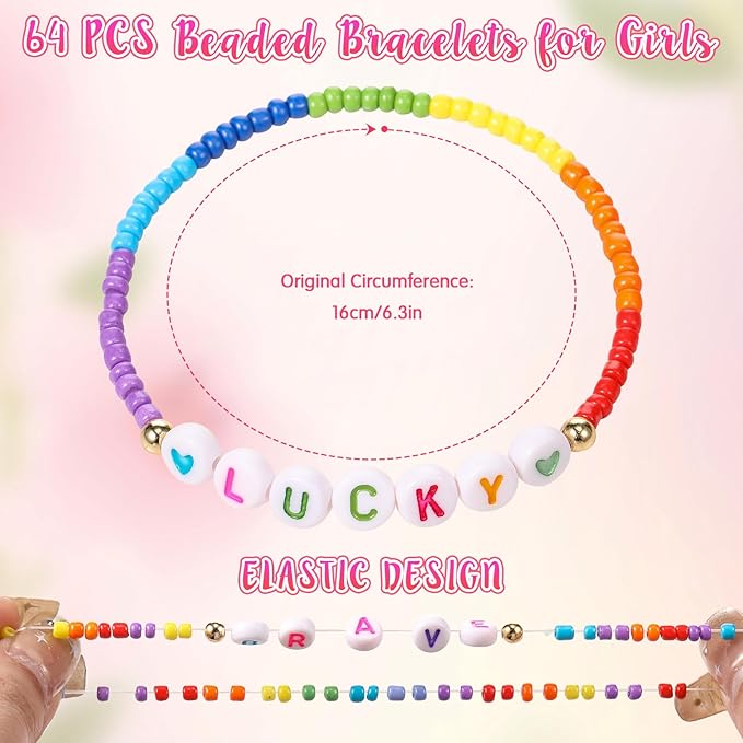 64 Pcs Kids Friendship Beaded Bracelets for Girls Jewelry Letter Beads Bracelets Bulk Colorful Cute Stretchy Rainbow Princess Dress up Gifts(Cute)