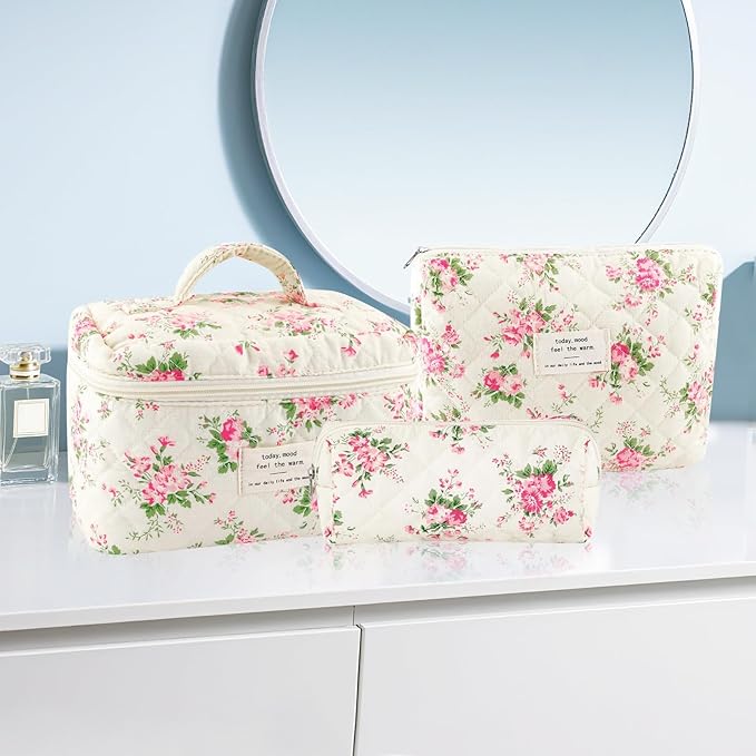 URSKYTOUS 3Pcs Cotton Quilted Makeup Bag for Women Girls Large Small Travel Pink Floral Cosmetic Bags Set Cute Coquette Makeup Pouch for Purse Aesthetic Cloth Flower Storage Toiletry Bag Organizer