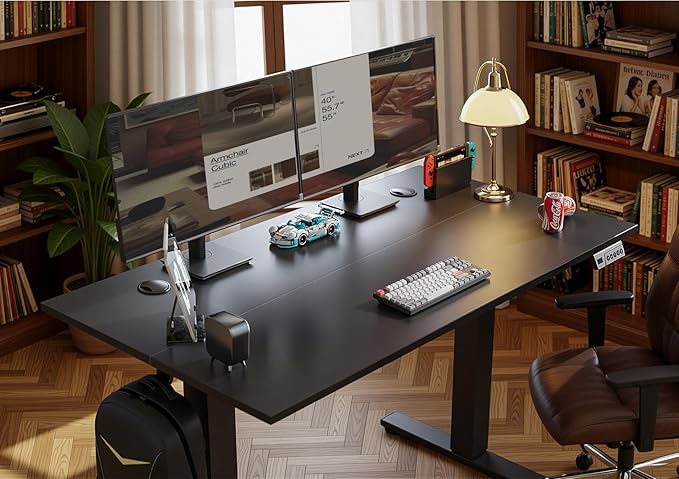 Seang Electric Height Adjustable Standing Desk, 55 x 24 Inch Sit-Stand Desk with T-Shaped Frame, 3 Memory Presets & Cable Management for Home Office Computer Workstation, Black Frame/Black Top