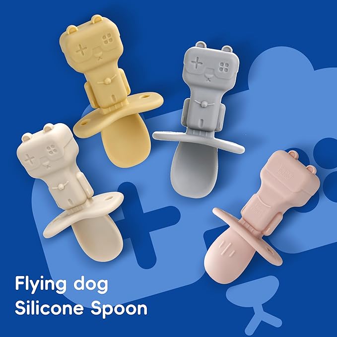 Baby Spoons, 3PCS Silicone Baby Spoons Self Feeding 6+ Months Robot Baby Utensils Baby Led Weaning Spoons with Anti Choke Barrier First Stage Training Toddler Spoons, BPA Free (Yellow)
