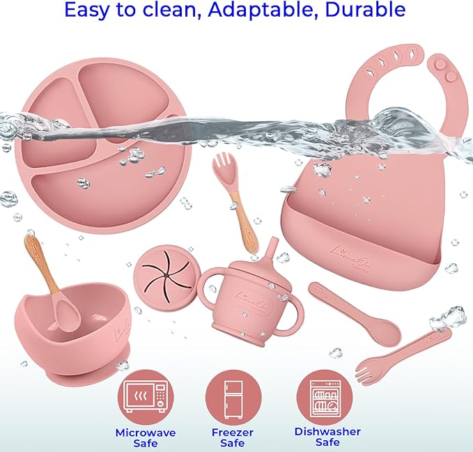 Silicone Baby Feeding Set - BPA-Free - Baby Led Weaning Supplies, Complete Kit toddler eating essentials – Empower Your Little One's Independence with LimOr's baby essentials 6-12 months (Pink)