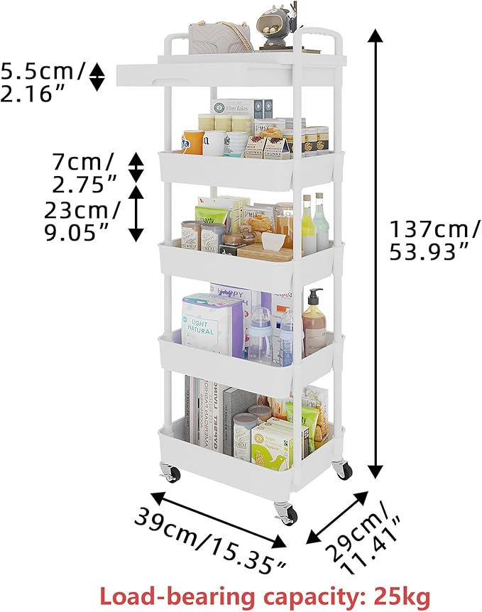 Calmootey 5-Tier Rolling Utility Cart with Drawer,Multifunctional Storage Organizer with Plastic Shelf & Metal Wheels,Storage Cart for Kitchen,Bathroom,Living Room,Office,White