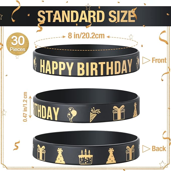 Junkin 30 Pieces Birthday Party Rubber Bracelets Silicone Stretch Wristbands Letters Patterns Printed Party Supplies Inspirational Quote Silicone Bracelets for Men and Women (Birthday Style)