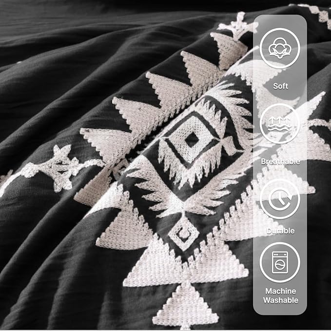 MaiRêve Embroidery Comforter Set, Boho Farmhouse Western Bedding Set, All Season Bed in A Bag Comforter Set with Sheets, Pillowcases & Shams, Black Oversized Queen 7 Pieces