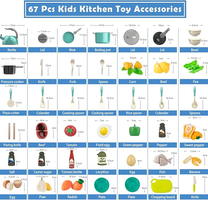 Bruvoalon 67Pcs Kids Play Kitchen Toys Set, Toddlers Pretend Cooking Playset Acccessories with Pots Pans, Utensils Cookware, Foods, Canned Veges, Learning Gift for Kids Girls Boys (Green)