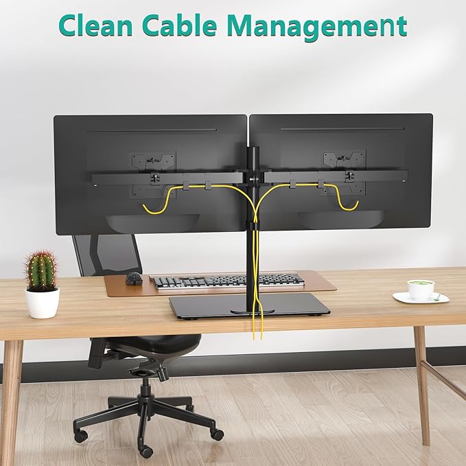 WALI Free Standing Dual Monitor Stand, Height Adjustable Monitor Mount with Glass Base, Fits LCD LED Flat Curved Screen up to 27 inch, 22lbs, with Grommet Base (GMF002)