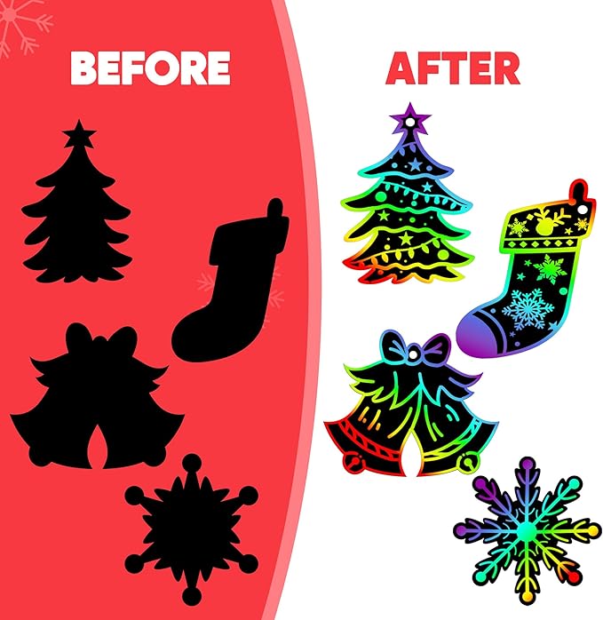 JOYIN 48 Pcs Christmas Scratch Art Ornaments, Scratch Paper Craft Kit Include Snowman, Snowflakes, Christmas Tree, and Reindeer, Rainbow Color Scratch Off Hanging Ornament for Kids Party Favors