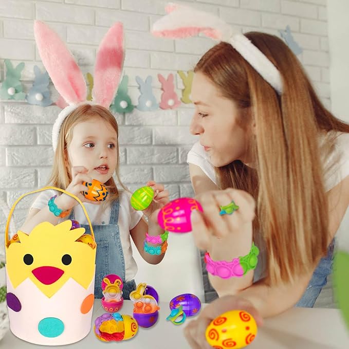 30 Packs Easter Plastic Printed Bright Eggs,Easter Theme Pop Keychain Bracelets Rings Bubble Toys Set,Fidget Stress Relief Squeeze for Basket Stuffer,Classroom Exchange Game Prize Supplies