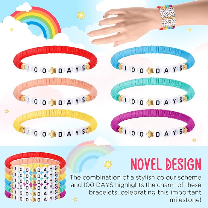 36 Pcs Happy 100th Day of School Bracelets Colorful Friendship Beads Bracelet for Boy Girl Kids Cute 100th Day Gifts Stretchy Acrylic Clay for School Supply Decor Student Rewards