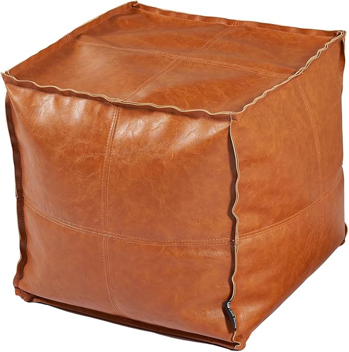 Louis Donné Moroccan Unstuffed Pouf Cover, Faux Leather Poofy Ottoman Footstool For living room Decoration Square Foot Rest for Storage Orange Floor Cushion Footrest 17.7 Inch (Only Cover) (No Filler)