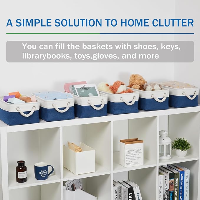 Bidtakay Small Canvas storage baskets with Handles [6 Pack] Navy Blue Fabric Storage Bins 11.8 x 7.8 x 5 inches Decorative storage baskets for Shelves, Closet, Nursery (White&Blue)
