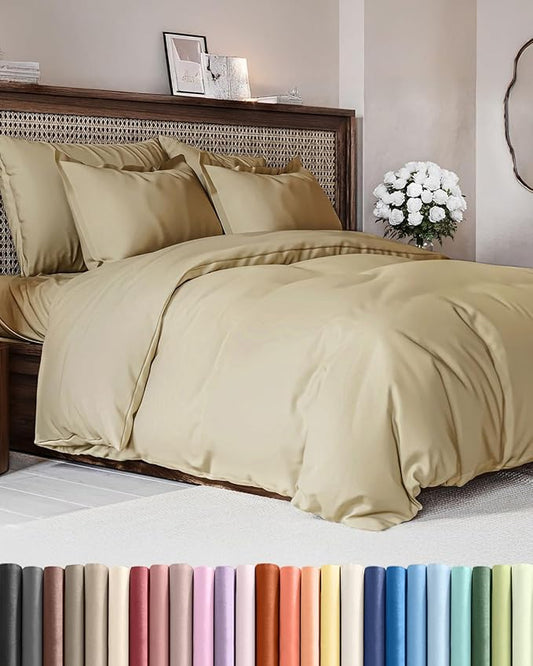 Duvet Cover Queen Size Set - Extra Soft Queen Size Duvet Cover 90 x 90 with 2 Pillow Shams - Hotel Luxury, Easy Care and Fade Free with Zipper Closures & Ties - Comfy, Breathable Bedding Set (Cream)