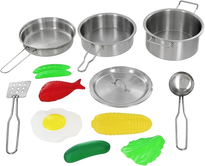 Click N' Play Kids Kitchen Pretend Play Toy, Toddlers Stainless Steel Pot and Pans Cookware and Accessories Playset with Play Food, Kitchen Play Set for Girls and Boys Ages 3 Years and Up, 12 Pieces