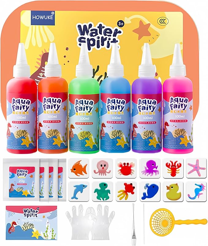 HOWUKE Magic Water Elf Kit, Aqua Fairy Water Gel, 100ml Large Capacity Set with 12 Shape Molds, Kids' Creative DIY Handmade Water Toy, 6 Colors