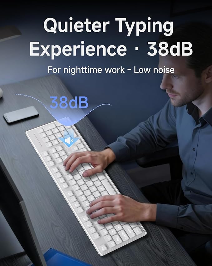 EWEADN GX710S Backlit Computer Keyboards, Wired USB Keyboard with White Backlit, Metal Panel, Plug and Play, Pudding Keycaps Full Size Quite Computer Keyboard for Win/PC/Laptop-White