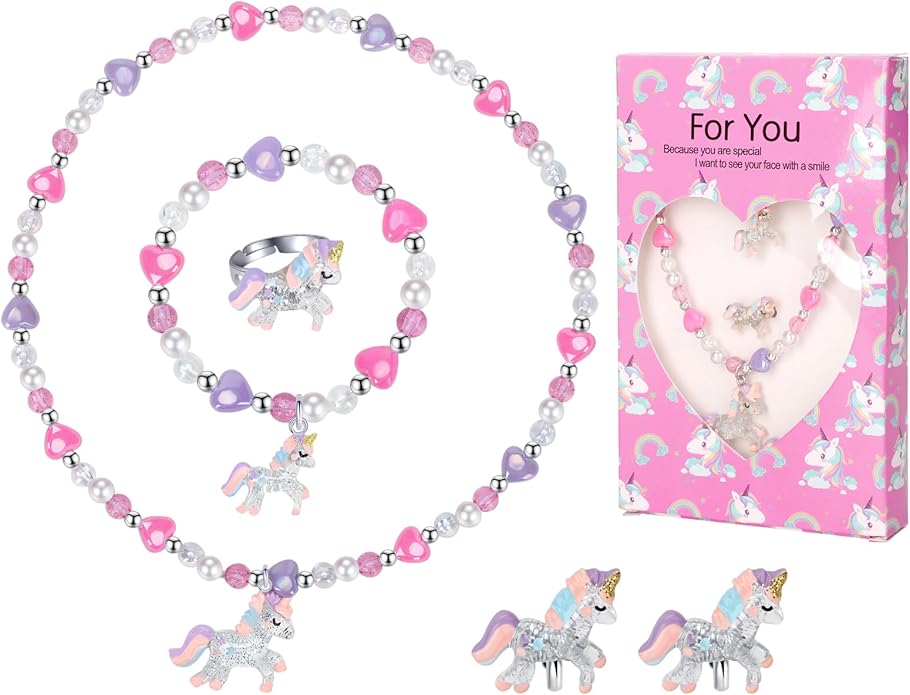 Girls Play Necklace and Bracelets Ring Clip on Earrings Toddler Unicorn Jewelry Kids Little Girls Unicorn Necklace Set Charm Bling Bling Unicorn Pendants Party Favors Toddlers Colorful Dress up Jewelry Gifts-AA002