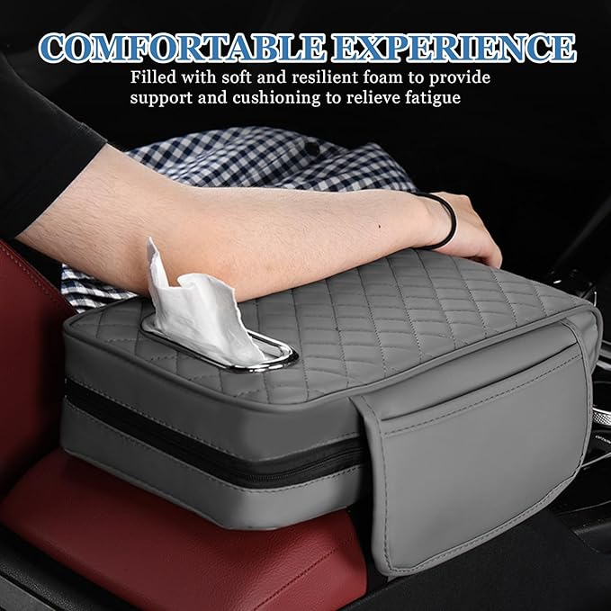 Wogomz Car Center Console Cover, 13"×7.09"×2.95" Leather Car Armrest Cover with Pockets & Tissue Box, Comfortable Auto Armrest Cushion, Universal Arm Rest Protector for Car SUV Truck (Gray)