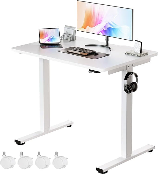 Okin Small Electric Standing Desk, 36" x 24" Whole Piece Height Adjustable Desk, White Sit to Stand Computer Workstation with Wheels for Home Office
