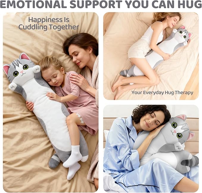 Mewaii Artist-Designed Ultra Soft Long Cat Plush Body Pillow, Extra Stuffing for Comfort, Premium Quality Stuffed Animal Gift for Girlfriend or Cat Lovers (Grey Body Pillow 44 Inch)