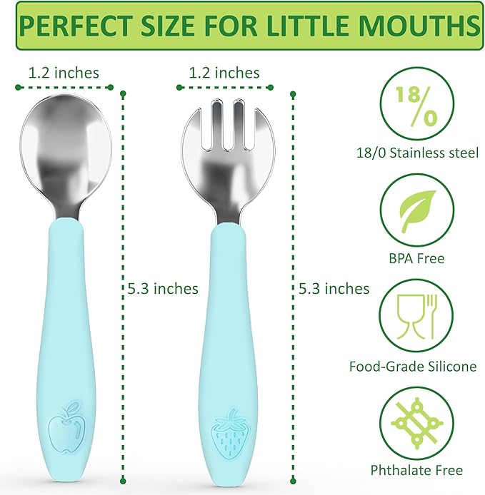 CHILLOUT LIFE Toddler Utensils, Kids Silverware with Silicone Handle, Stainless Steel Metal Toddler Forks and Spoons Safe Baby Cutlery Set for Self Feeding BPA Free Dishwasher Safe - 12 Piece