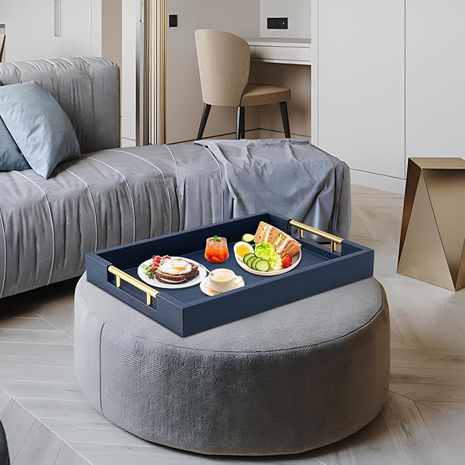 Navy Blue Faux Leather Serving Coffee Tray with Gold Handles,Rectangle Decorative Trays for Home Decor Large Ottoman Tray for Living Room