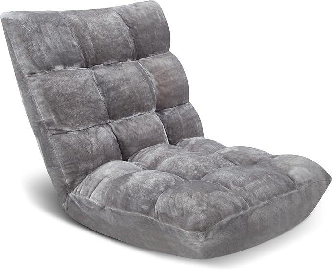 Folding Floor Chair 14-Position Cushioned Adjustable Floor Lazy Sofa Chair w/Breathable Cotton & Skin-Friendly Flannel for Adults & Kids Ideal for Reading Meditating, Grey