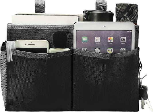 Bseash Bunk Bed Organizer, Bedside Caddy Hanging Bed Organizer Storage Bag with 4 Pockets and 2 Hooks, for College Dorm Rooms Bed, Hospital Bed, Baby Bed Rails, 600D Oxford Cloth (Black)