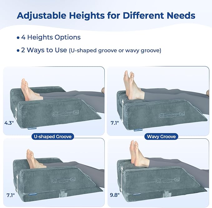 KingPavonini 4-Height Adjustable Leg Elevation Pillows for After Surgery with Ergonomic Curve, Memory Foam Leg Support Pillow for Legs, Back Pain Relief, Wedge Pillow for Sleeping, Rest (Double Leg)