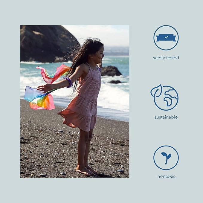 Sarah's Silks Wrist Streamers | 100% Silk Montessori and Waldorf Toys | Rhythm Ribbons for Dance, Imaginative, and Pretend Play | Includes 2 Pieces - Rainbow