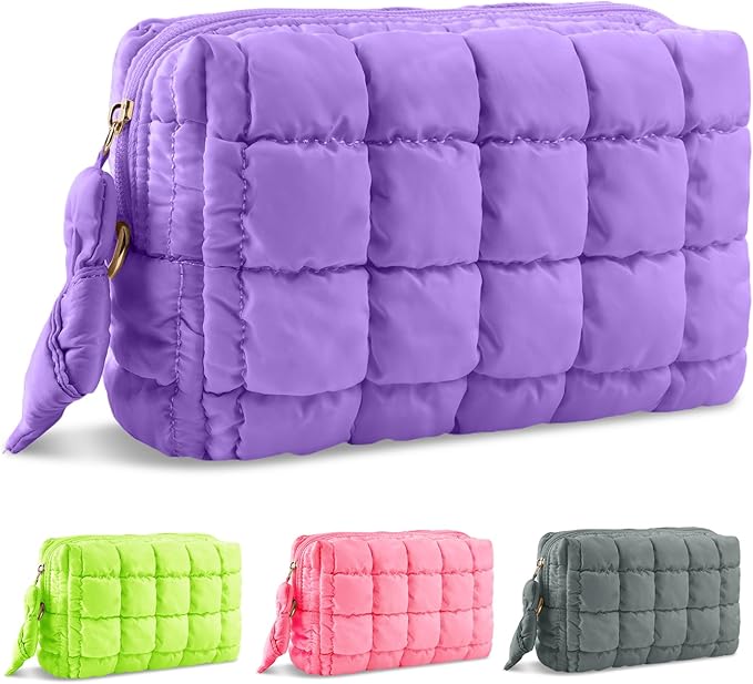 Puffer Quilted Makeup Bag Cosmetic Bags,Puffy Travel Toiletry Pouch for Women,Cute Checkered Zipper Bag Travel Essential,Portable Aesthetic Make up Organizer Bag for Gifts Work Daily(Purple,M)