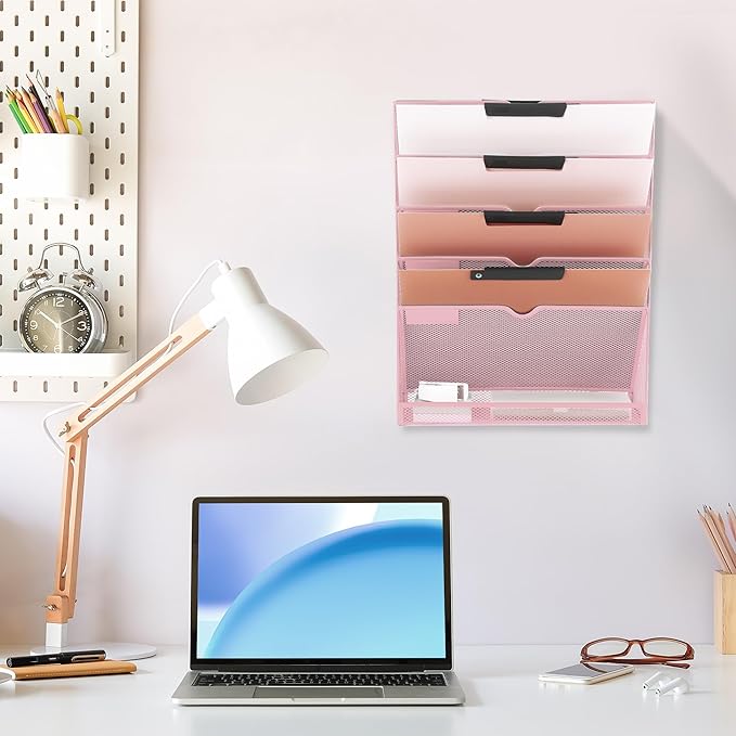 EASEPRES 6 Tier Mesh Hanging Wall File Organizer, Desk Vertical Mail Paper Document Folder Holder Rack with Bottom Tray and Nametag Label for Office Home School, Pink