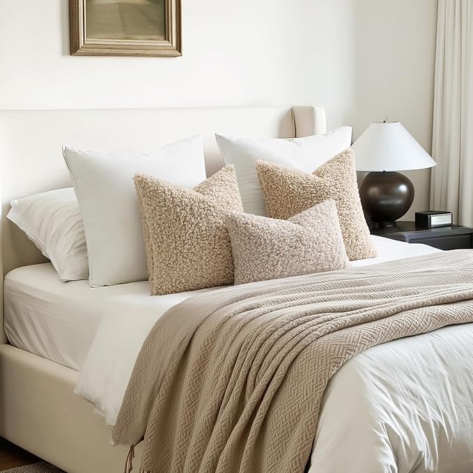 Woaboy Faux Fur Throw Pillow Covers 20x20 Inch Set of 2 Boucle Neutral Decorative Sherpa Fuzzy Accent Soft Sheepskin Fleece Cushions Modern Home Decor for Couch Sofa Bedroom Living Room,Oatmeal