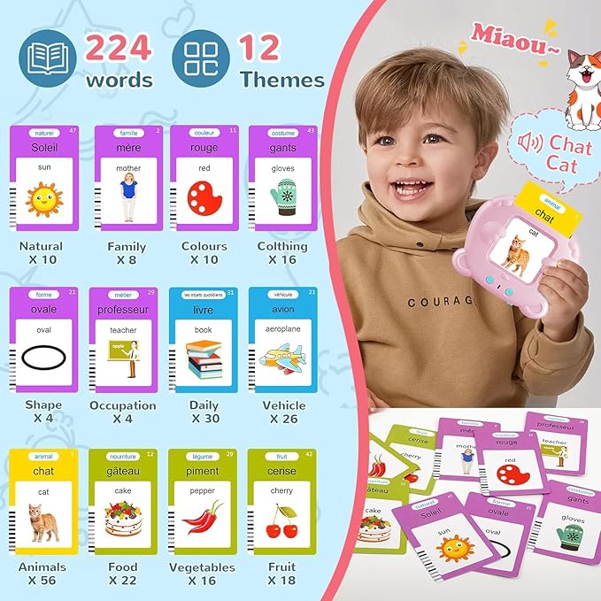French & English Talking Flash Cards for Toddler, Learning Montessori Toys with 224 Sight Words, Speech Therapy Toys, Children's Sensory Preschool Learning Educational Birthday Gifts